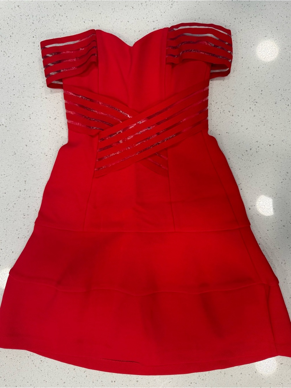 Nicholas Bandage Cocktail,Off-the-Shoulder Flared Mini Dress-Vibrant Red- Size 2